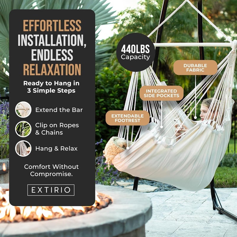 EXTIRIO Hanging Hammock Chair Swing – Hanging Chair Outdoor & Indoor - Hammock Swing Chair – Quick & Easy Setup with Hardware Kit – Durable & Spacious Full Body Support with 2 Plush Cushions – Holds 440 Lbs - Image 3